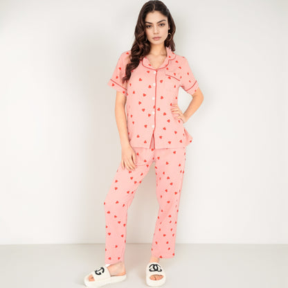 Anna-Kaci Women's Red Heart Print Pajama Set with Short Sleeve Button-Up Top and Relaxed Fit Elastic Waist Pants