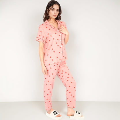 Anna-Kaci Women's Red Heart Print Pajama Set with Short Sleeve Button-Up Top and Relaxed Fit Elastic Waist Pants