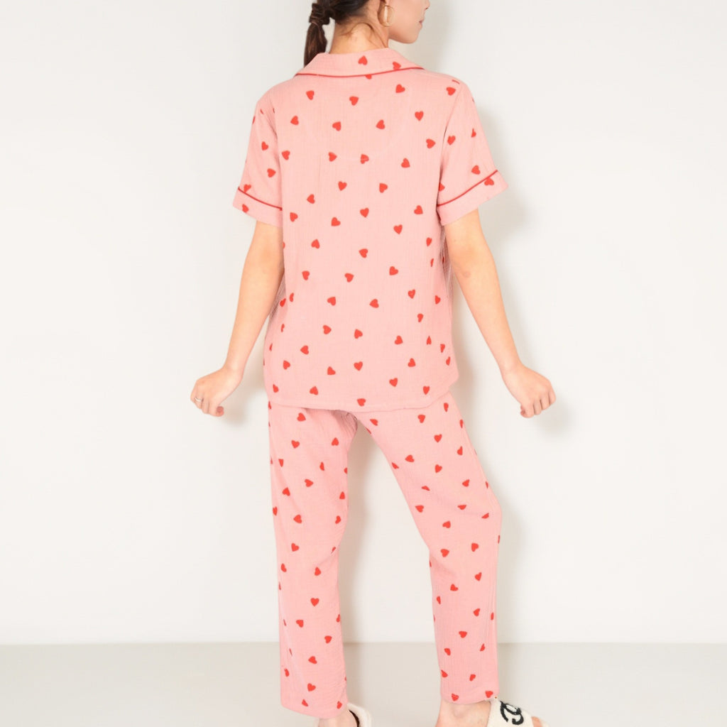 Anna-Kaci Women's Red Heart Print Pajama Set with Short Sleeve Button-Up Top and Relaxed Fit Elastic Waist Pants