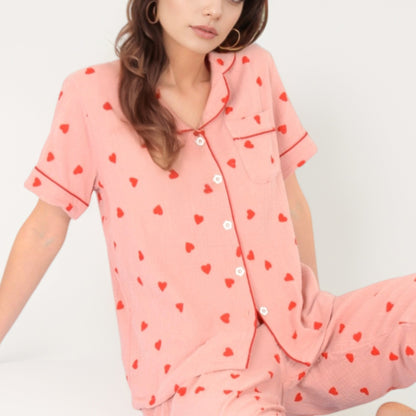 Anna-Kaci Women's Red Heart Print Pajama Set with Short Sleeve Button-Up Top and Relaxed Fit Elastic Waist Pants