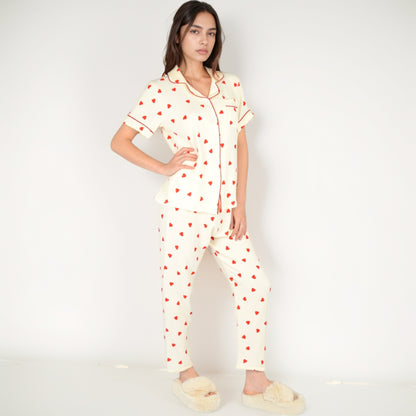 Anna-Kaci Women's Red Heart Print Pajama Set with Short Sleeve Button-Up Top and Relaxed Fit Elastic Waist Pants