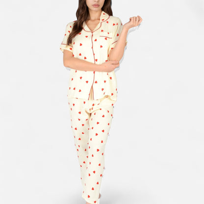 Anna-Kaci Women's Red Heart Print Pajama Set with Short Sleeve Button-Up Top and Relaxed Fit Elastic Waist Pants