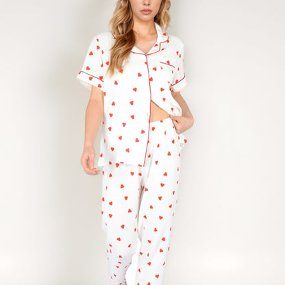 Anna-Kaci Women's Red Heart Print Pajama Set with Short Sleeve Button-Up Top and Relaxed Fit Elastic Waist Pants