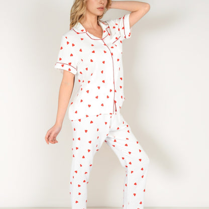 Anna-Kaci Women's Red Heart Print Pajama Set with Short Sleeve Button-Up Top and Relaxed Fit Elastic Waist Pants