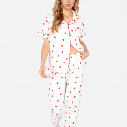 Anna-Kaci Women's Red Heart Print Pajama Set with Short Sleeve Button-Up Top and Relaxed Fit Elastic Waist Pants