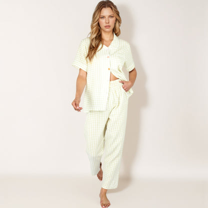 Anna-Kaci Lounge Women's Gingham Print Two-Piece Pajama Set with Short Sleeve Button Top and Relaxed Fit Pants