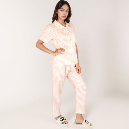 Anna-Kaci Lounge Women's Gingham Print Two-Piece Pajama Set with Short Sleeve Button Top and Relaxed Fit Pants