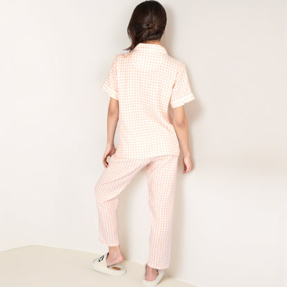 Anna-Kaci Lounge Women's Gingham Print Two-Piece Pajama Set with Short Sleeve Button Top and Relaxed Fit Pants