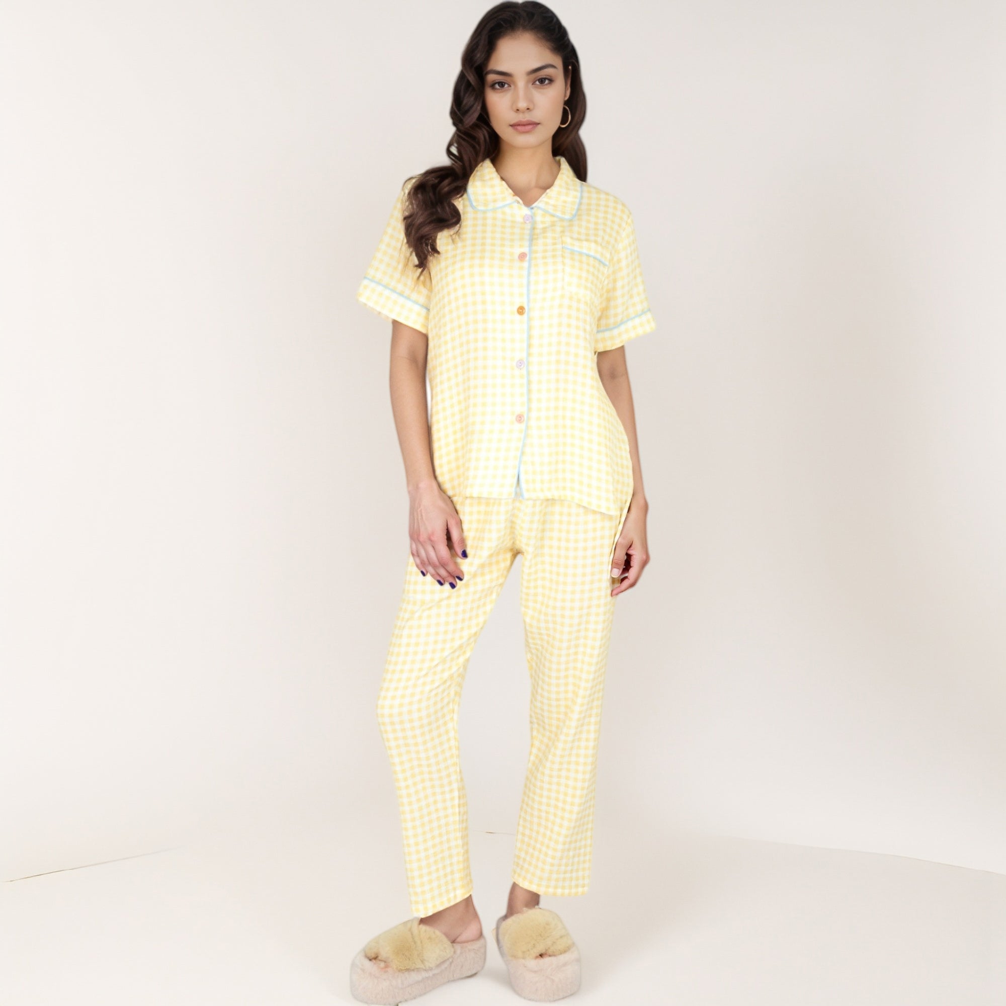 Anna-Kaci Lounge Women's Gingham Print Two-Piece Pajama Set with Short Sleeve Button Top and Relaxed Fit Pants