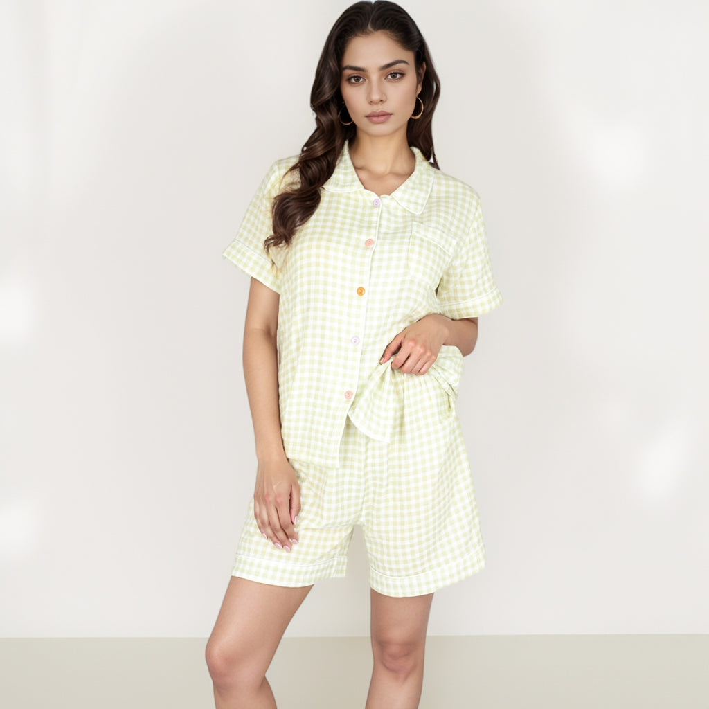 Anna-Kaci Women's Gingham Short Sleeve Pajama Set with Contrast Buttons and Matching Shorts
