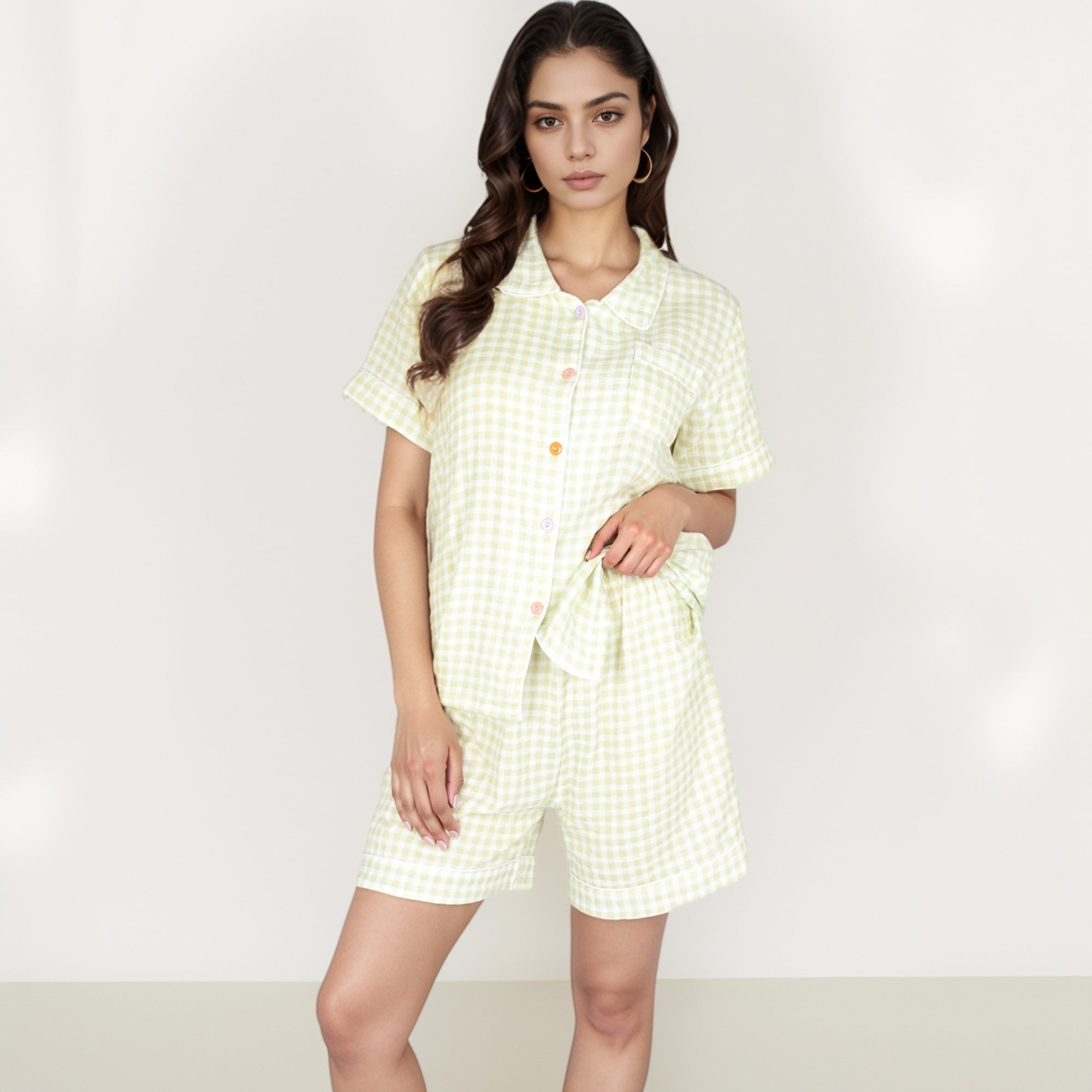 Anna-Kaci Women's Gingham Short Sleeve Pajama Set with Contrast Buttons and Matching Shorts