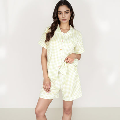 Anna-Kaci Women's Gingham Short Sleeve Pajama Set with Contrast Buttons and Matching Shorts