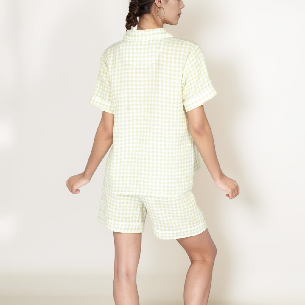 Anna-Kaci Women's Gingham Short Sleeve Pajama Set with Contrast Buttons and Matching Shorts