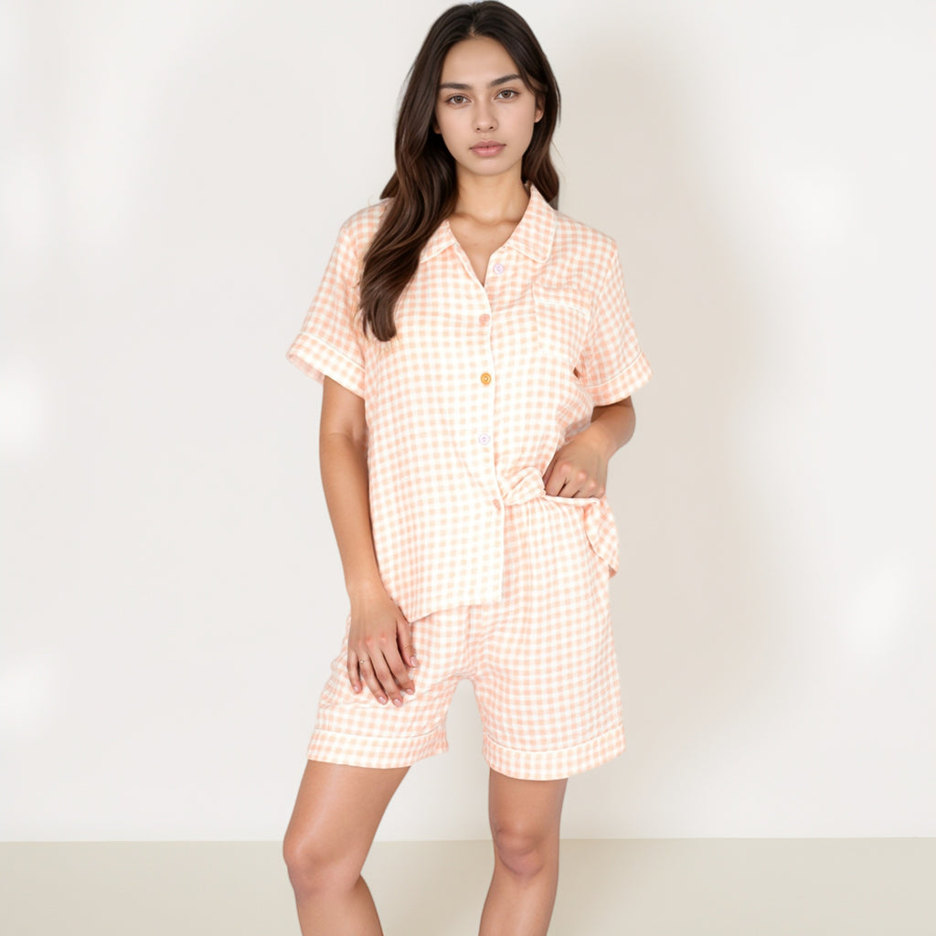Anna-Kaci Women's Gingham Short Sleeve Pajama Set with Contrast Buttons and Matching Shorts