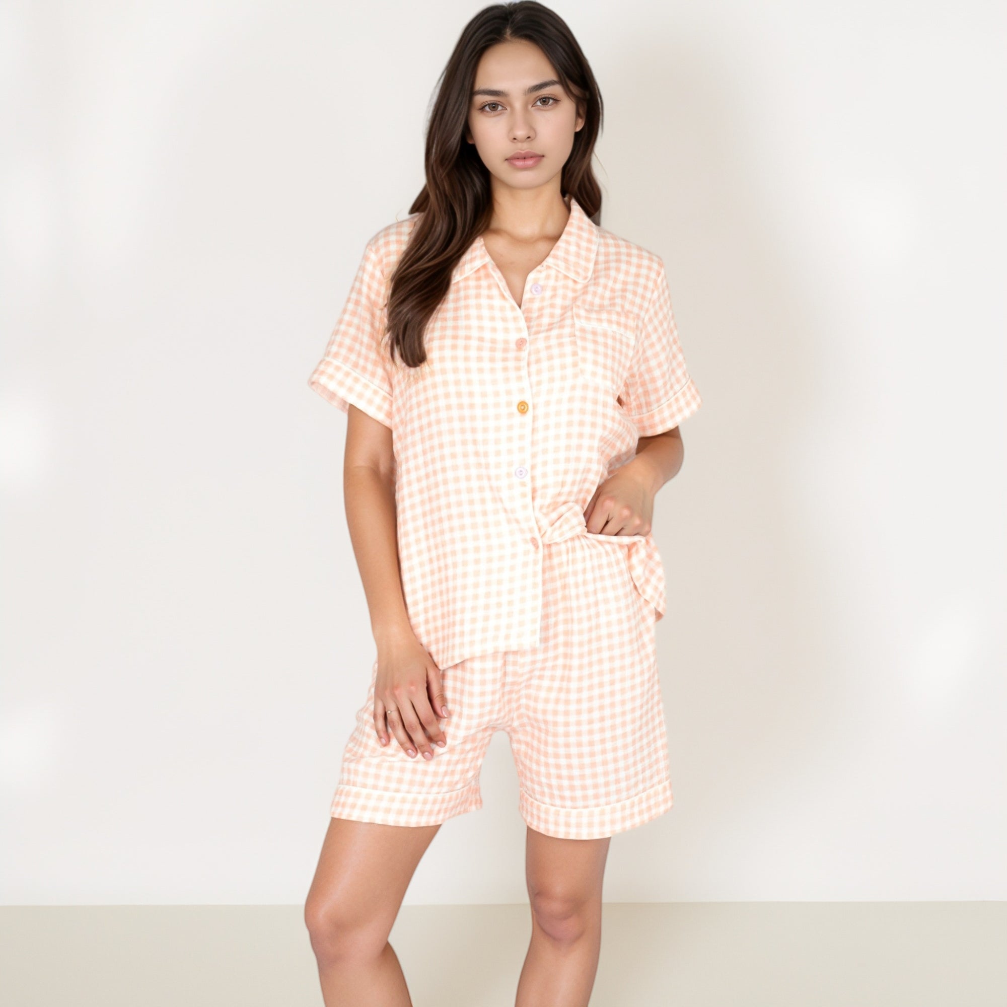 Anna-Kaci Women's Gingham Short Sleeve Pajama Set with Contrast Buttons and Matching Shorts