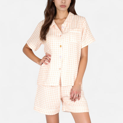 Anna-Kaci Women's Gingham Short Sleeve Pajama Set with Contrast Buttons and Matching Shorts