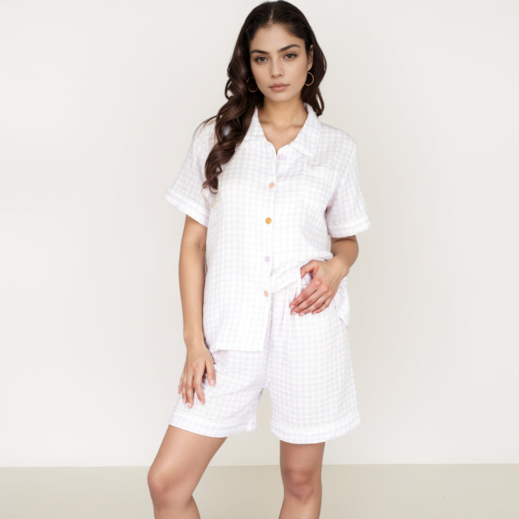 Anna-Kaci Women's Gingham Short Sleeve Pajama Set with Contrast Buttons and Matching Shorts