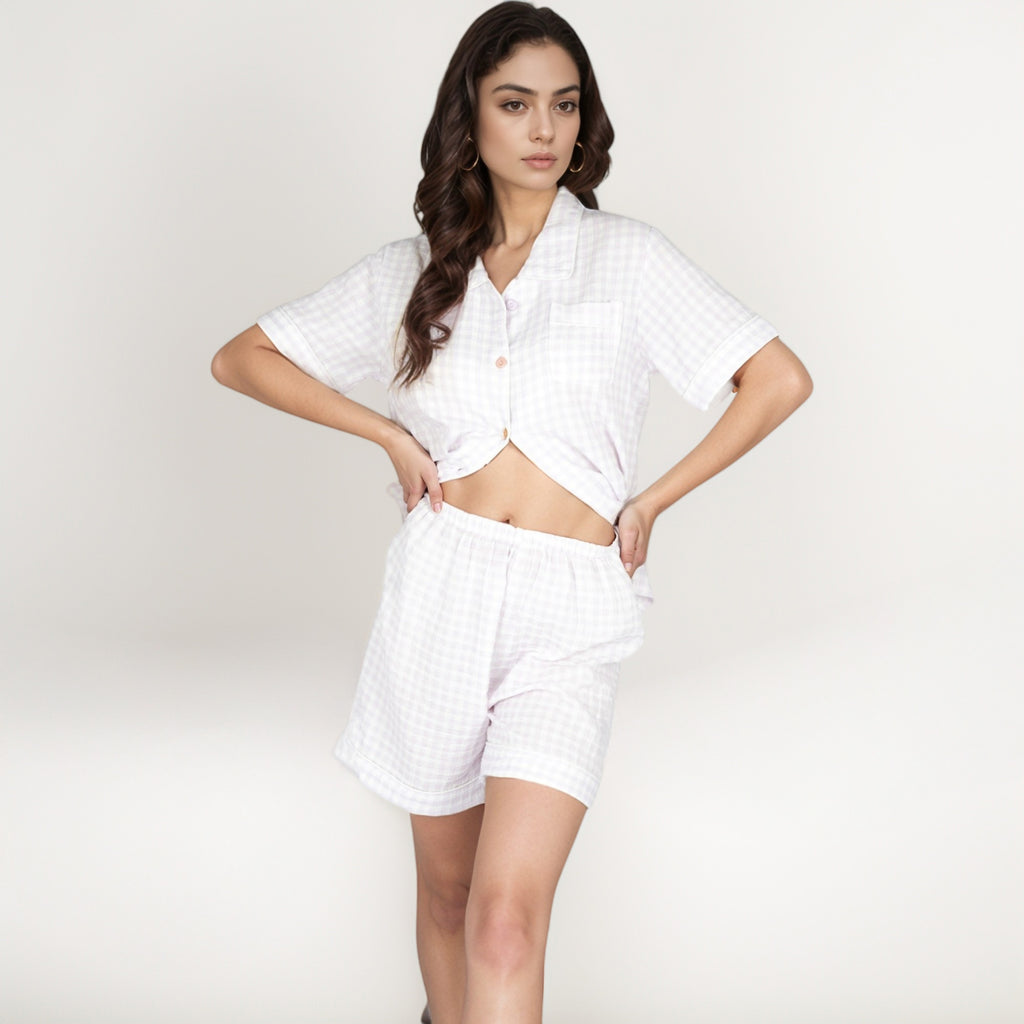 Anna-Kaci Women's Gingham Short Sleeve Pajama Set with Contrast Buttons and Matching Shorts