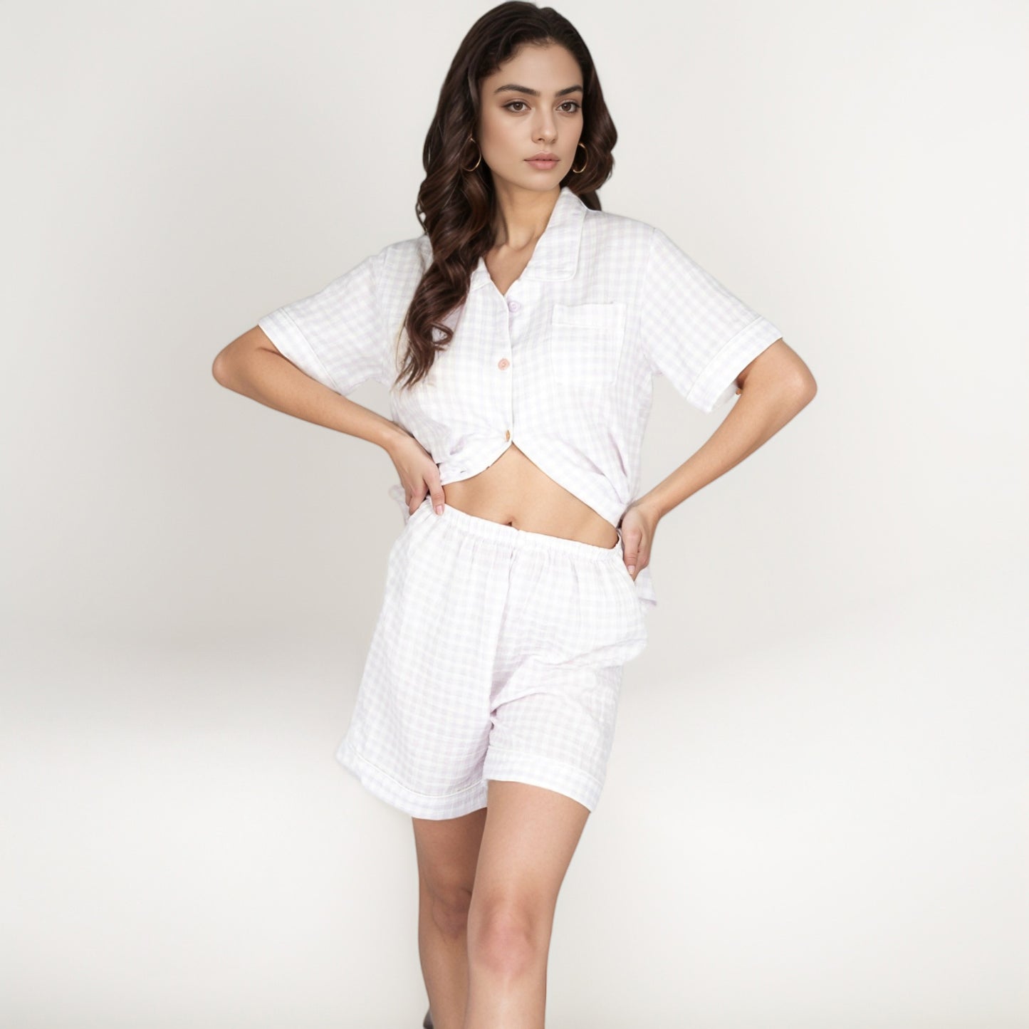 Anna-Kaci Women's Gingham Short Sleeve Pajama Set with Contrast Buttons and Matching Shorts