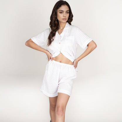 Anna-Kaci Women's Gingham Short Sleeve Pajama Set with Contrast Buttons and Matching Shorts