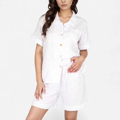 Anna-Kaci Women's Gingham Short Sleeve Pajama Set with Contrast Buttons and Matching Shorts