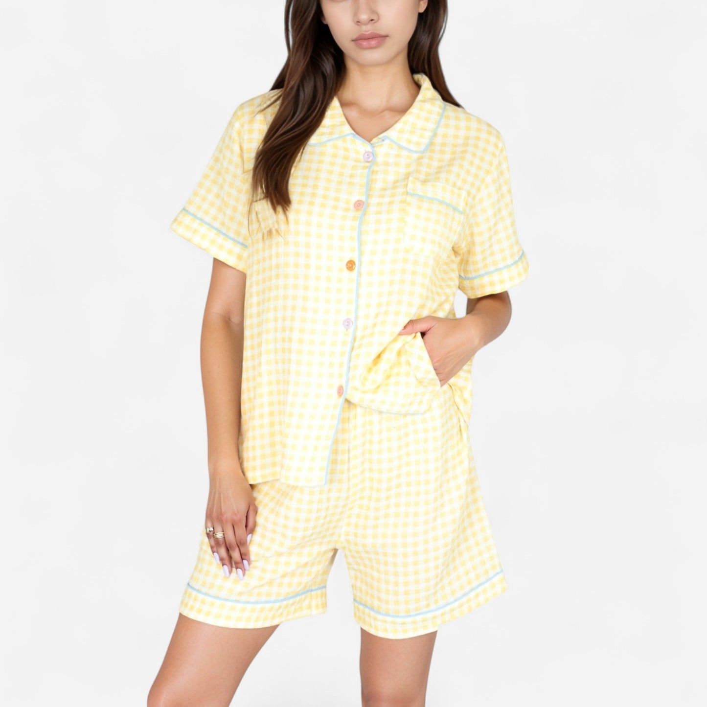 Anna-Kaci Women's Gingham Short Sleeve Pajama Set with Contrast Buttons and Matching Shorts