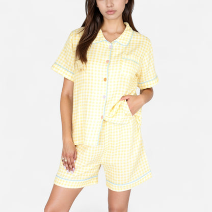 Anna-Kaci Women's Gingham Short Sleeve Pajama Set with Contrast Buttons and Matching Shorts