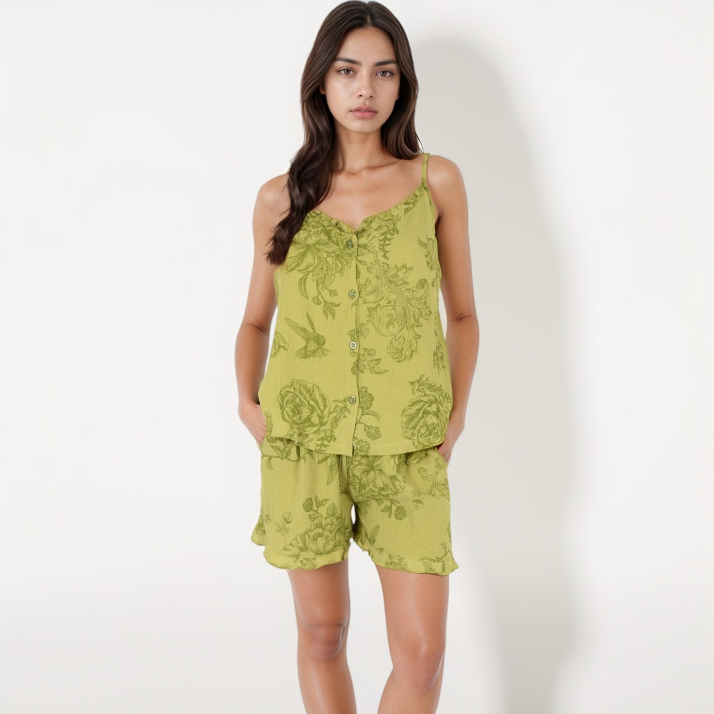 Anna-Kaci Lounge Women's Printed Sleepwear Set with Button-Front Tank Top and Ruffled Hem Shorts