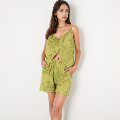 Anna-Kaci Lounge Women's Printed Sleepwear Set with Button-Front Tank Top and Ruffled Hem Shorts