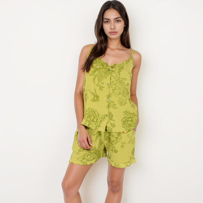 Anna-Kaci Lounge Women's Printed Sleepwear Set with Button-Front Tank Top and Ruffled Hem Shorts