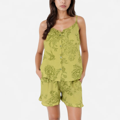 Anna-Kaci Lounge Women's Printed Sleepwear Set with Button-Front Tank Top and Ruffled Hem Shorts