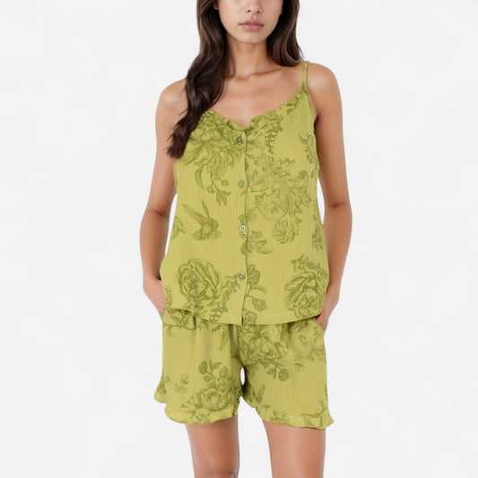 Anna-Kaci Lounge Women's Printed Sleepwear Set with Button-Front Tank Top and Ruffled Hem Shorts