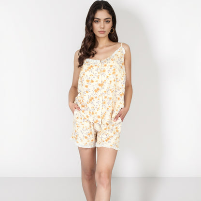 Anna-Kaci Lounge Women's Printed Sleepwear Set with Button-Front Tank Top and Ruffled Hem Shorts