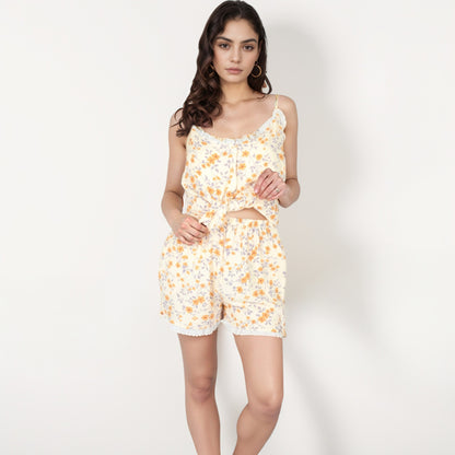 Anna-Kaci Lounge Women's Printed Sleepwear Set with Button-Front Tank Top and Ruffled Hem Shorts