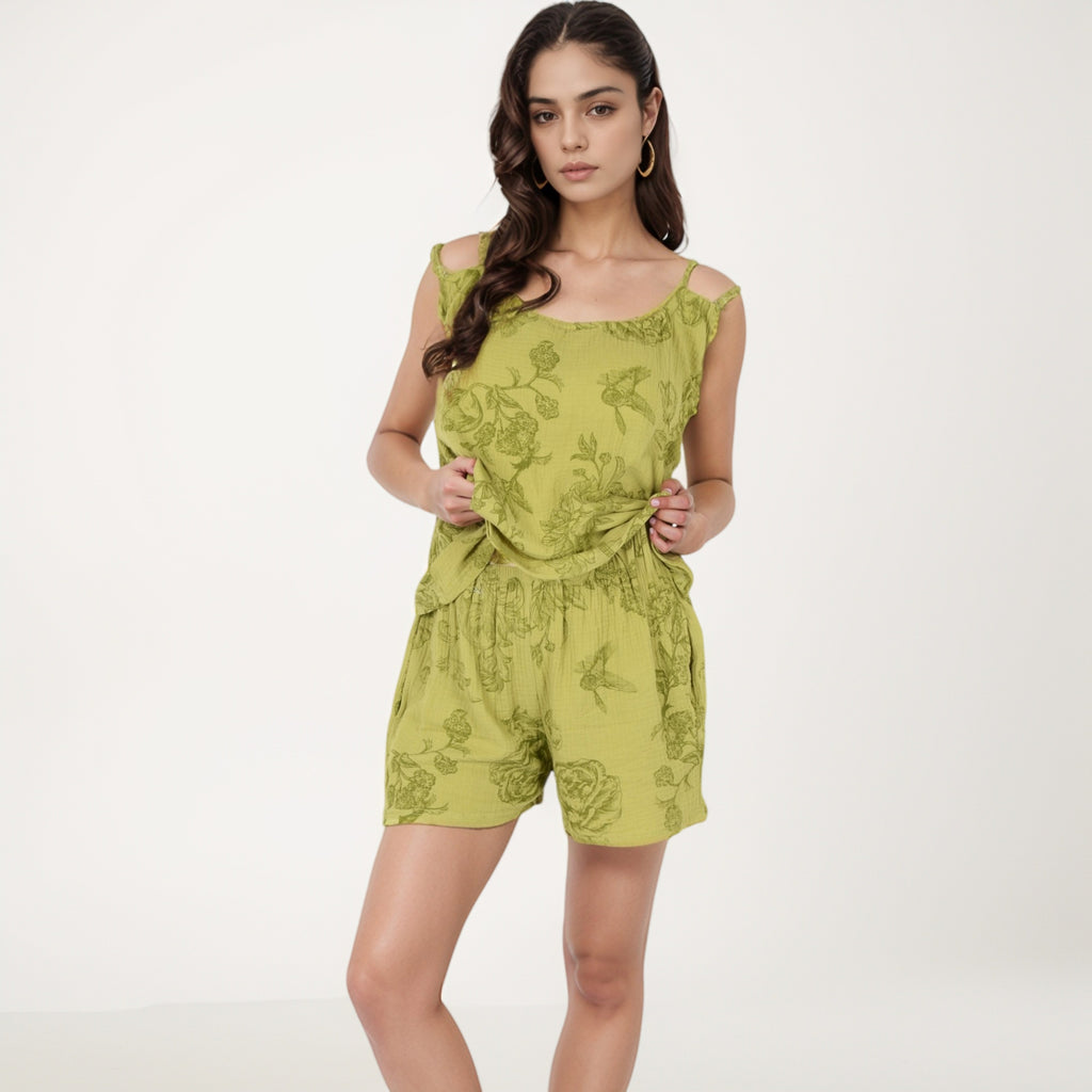 Anna-Kaci Lounge Women's Floral Print Sleepwear Set with Spaghetti Strap Tank and Solid Elastic Waist Shorts