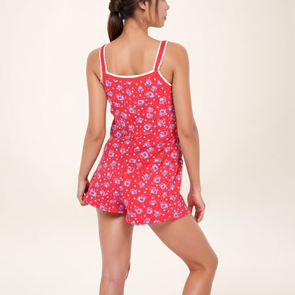 Anna-Kaci Women's Floral Print Cami Pajama Set with Button Trim and Contrast Lace Edging