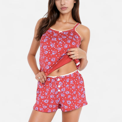 Anna-Kaci Women's Floral Print Cami Pajama Set with Button Trim and Contrast Lace Edging