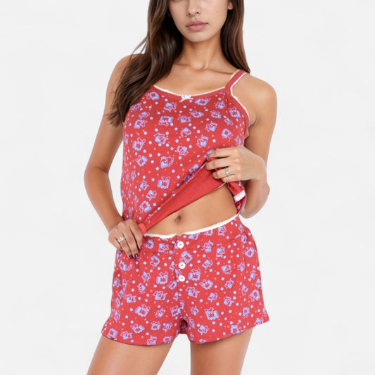 Anna-Kaci Women's Floral Print Cami Pajama Set with Button Trim and Contrast Lace Edging