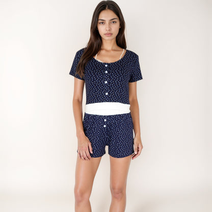 Anna-Kaci Lounge Women's Short Sleeve Sleepwear Set with Mini Bow Print and Decorative Button Details