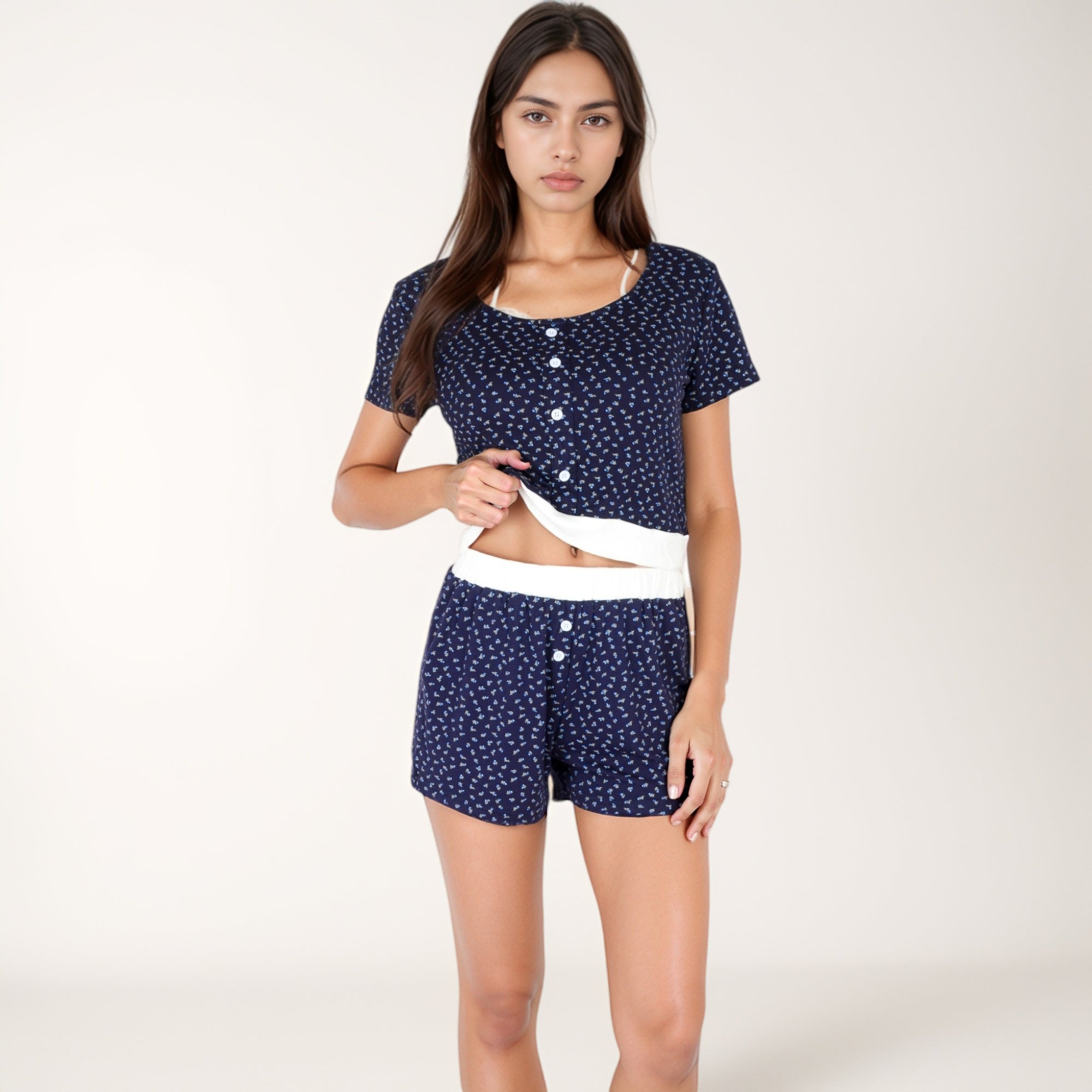 Anna-Kaci Lounge Women's Short Sleeve Sleepwear Set with Mini Bow Print and Decorative Button Details