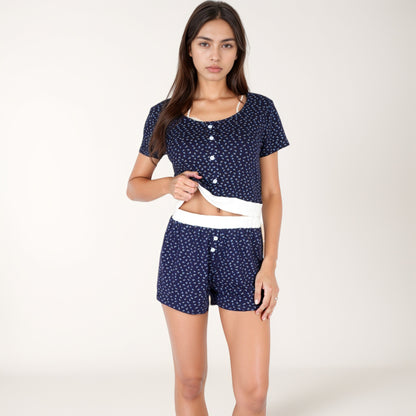 Anna-Kaci Lounge Women's Short Sleeve Sleepwear Set with Mini Bow Print and Decorative Button Details