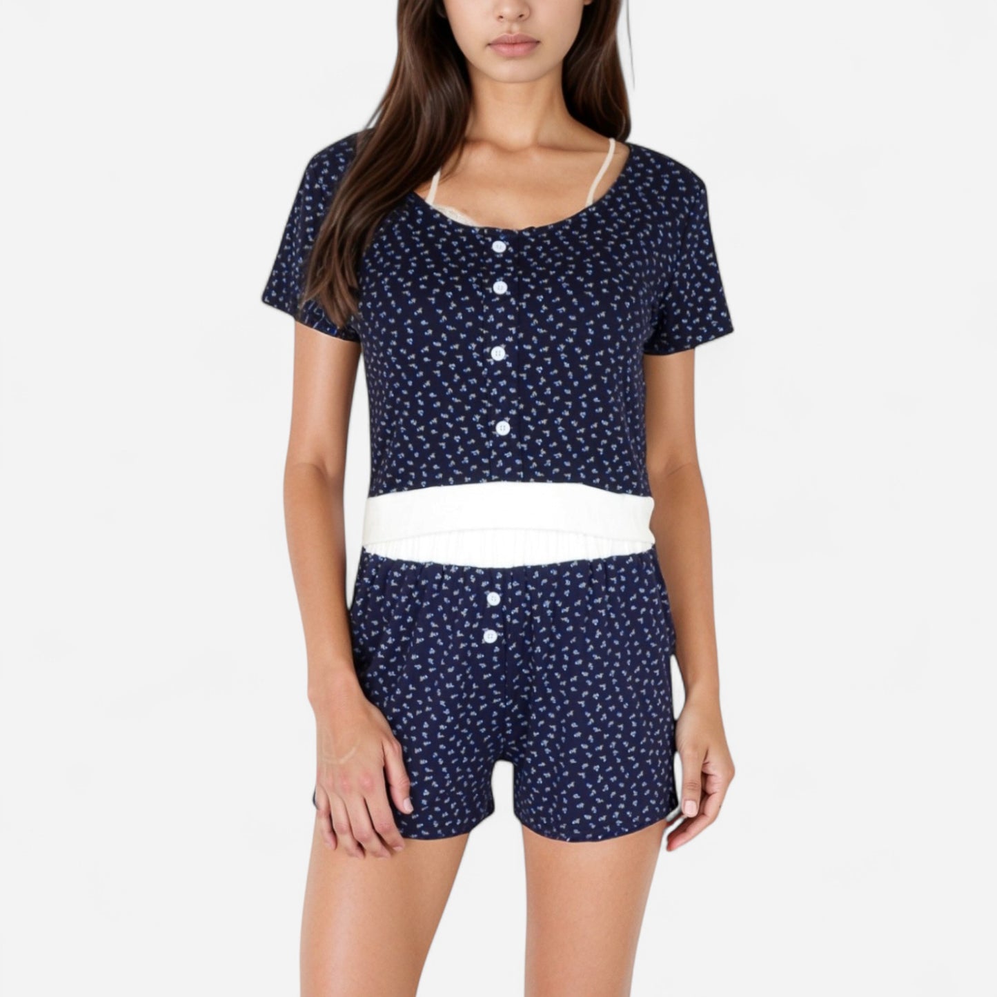 Anna-Kaci Lounge Women's Short Sleeve Sleepwear Set with Mini Bow Print and Decorative Button Details