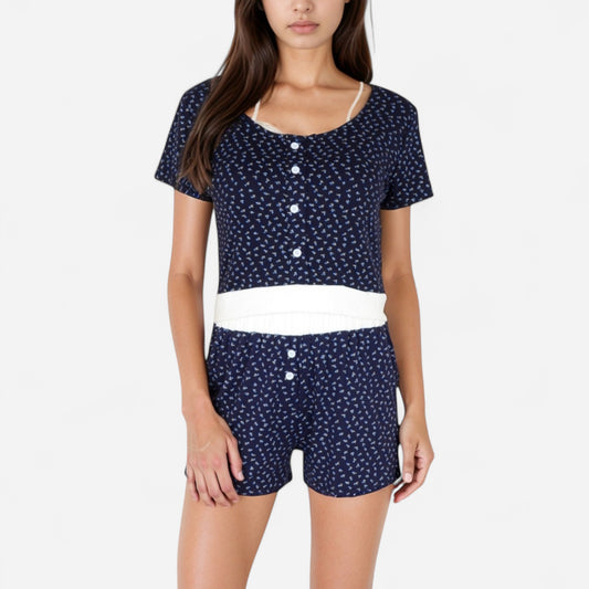 Anna-Kaci Lounge Women's Short Sleeve Sleepwear Set with Mini Bow Print and Decorative Button Details