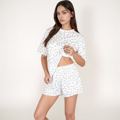 Anna-Kaci Women's Tiny Rose Print Crew Neck Pajama Set with Short Sleeves and Ruffle Trim Shorts