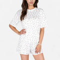 Anna-Kaci Women's Tiny Rose Print Crew Neck Pajama Set with Short Sleeves and Ruffle Trim Shorts