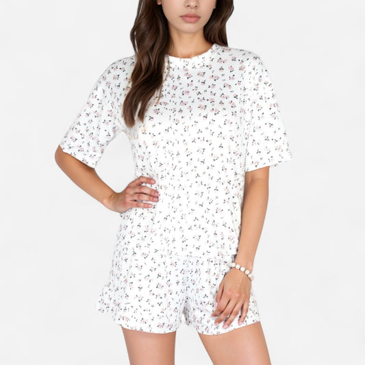 Anna-Kaci Women's Tiny Rose Print Crew Neck Pajama Set with Short Sleeves and Ruffle Trim Shorts