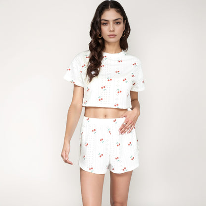 Anna-Kaci Women's Cherry Print Pajama Set with Cropped Short Sleeve Top and High Waist Relaxed Fit Lounge Shorts