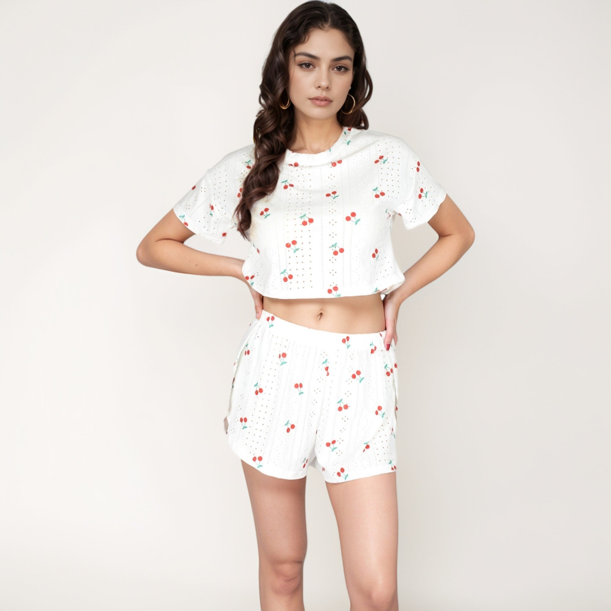 Anna-Kaci Women's Cherry Print Pajama Set with Cropped Short Sleeve Top and High Waist Relaxed Fit Lounge Shorts