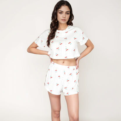 Anna-Kaci Women's Cherry Print Pajama Set with Cropped Short Sleeve Top and High Waist Relaxed Fit Lounge Shorts