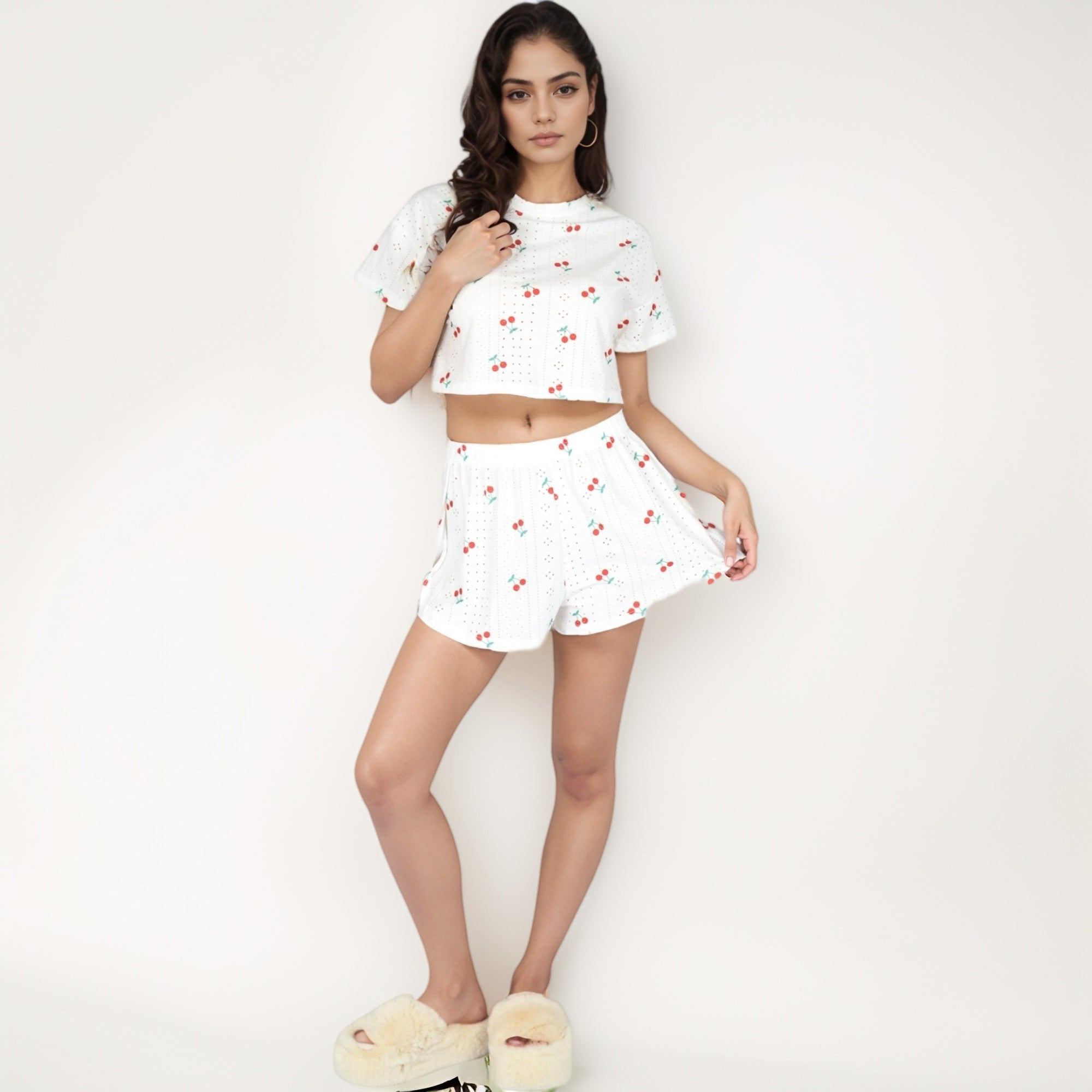 Anna-Kaci Women's Cherry Print Pajama Set with Cropped Short Sleeve Top and High Waist Relaxed Fit Lounge Shorts